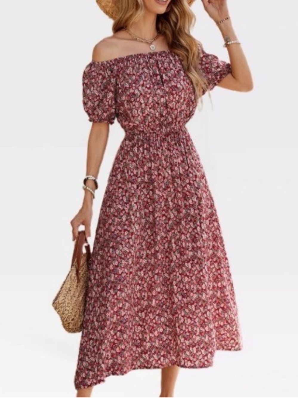 Target Off-Shoulder Floral Midi Dress in Burgundy Red Sz Large SOLD OUT